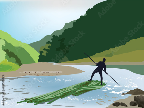 Bamboo Rafting Adventure in illustration graphic vector
