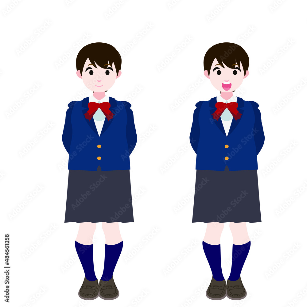 後ろに腕を回すブレザーの女学生