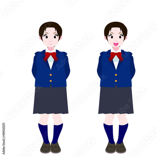 後ろに腕を回すブレザーの女学生