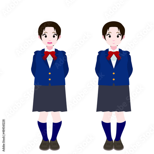 後ろに腕を回すブレザーの女学生