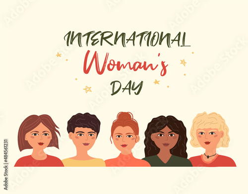 International Women's Day, feminism. Illustration in flat style, women from all over the world, different nationalities