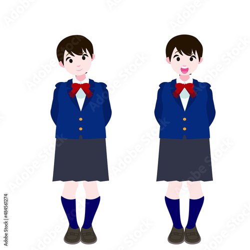 後ろに腕を回すブレザーの女学生