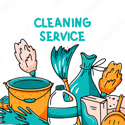 Cleaning service concept with hand drawn elements and lettering. Vector illustration in doodle style