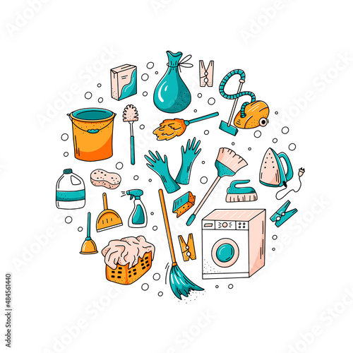 Cleaning service set of hand drawn elements. Vector collection of house cleaning doodles.
