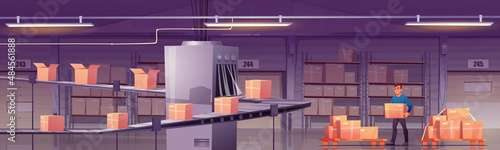 Worker loading boxes on conveyor belt at factory manufacture room, plant interior. Delivery company or postal service automated packaging or production line with freight, Cartoon vector illustration