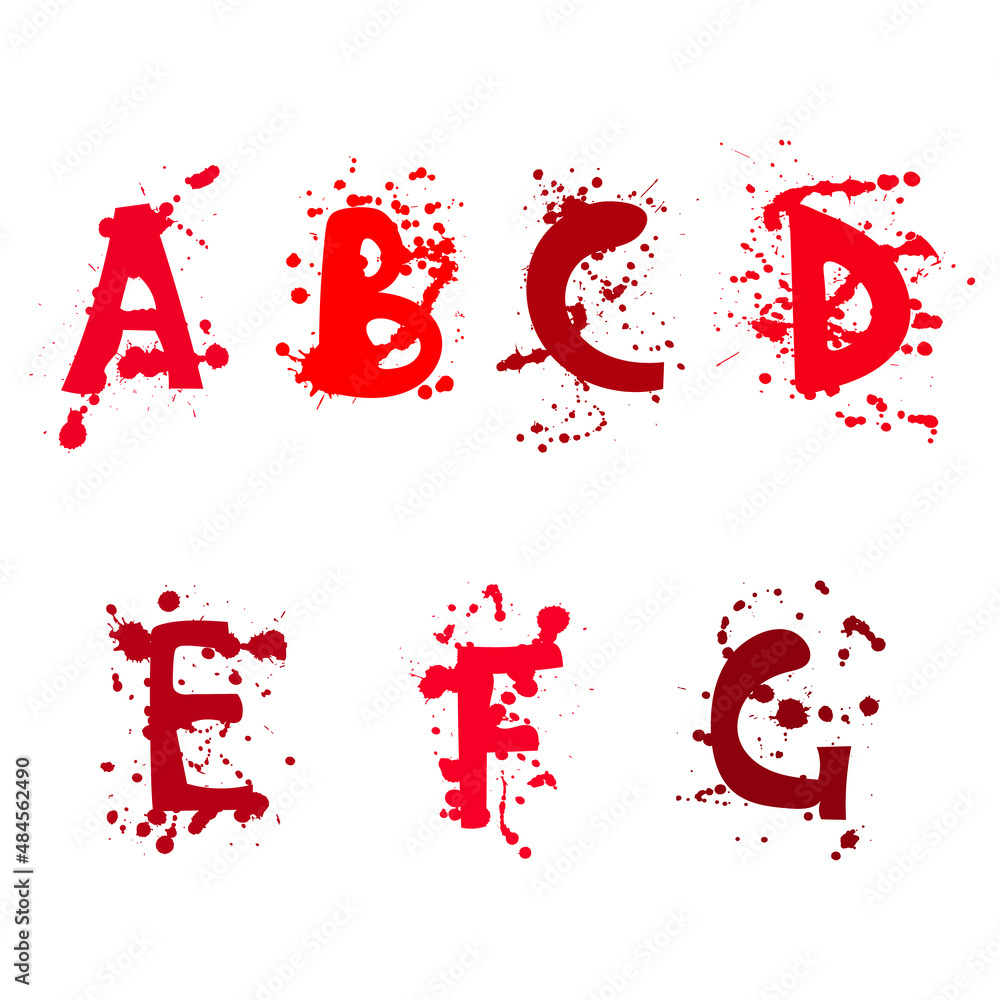 Letters of the alphabet A, B, C, D, E, F, G. Letters in red splashes of paint or blood Letters of the alphabet A, B, C, D, E, F, G. Letters in red splashes of paint or blood