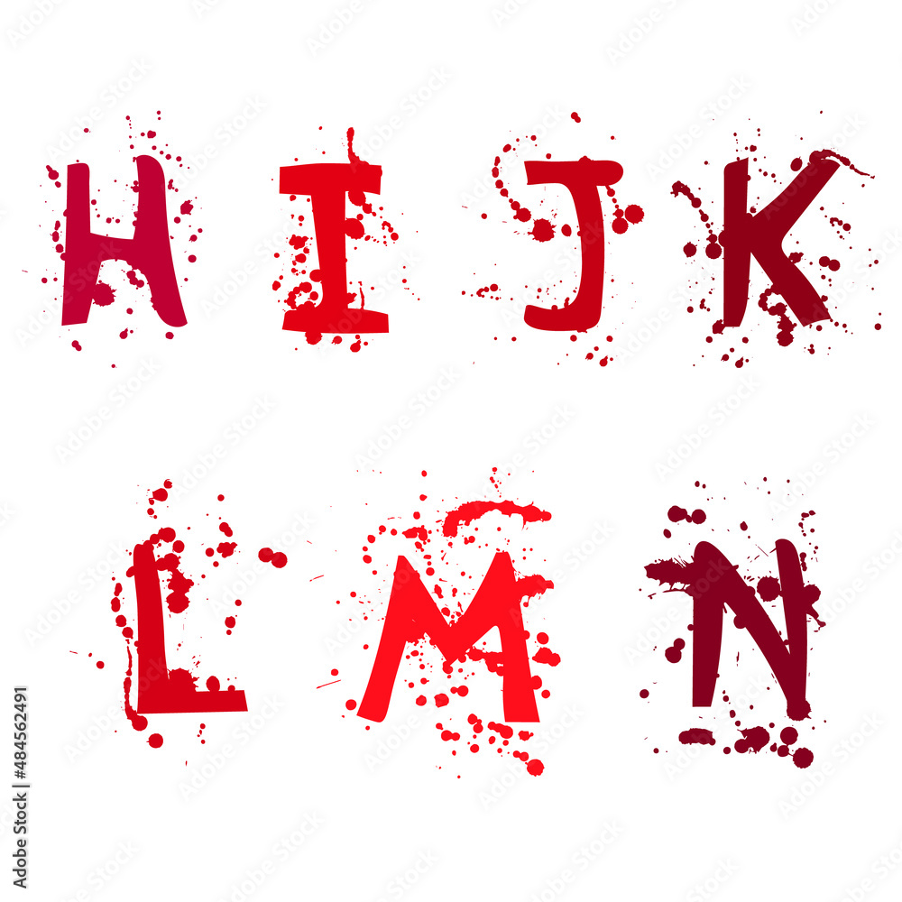 Letters of the alphabet H, I, J, K, L, M, N. Letters in red splashes of paint or blood Letters of the alphabet H, I, J, K, L, M, N. Letters in red splashes of paint or blood