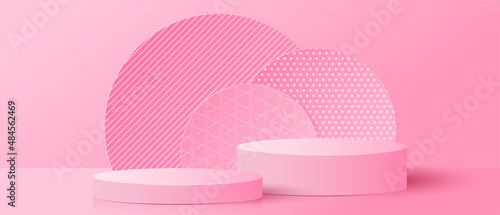 Paper cut of pink cylinder podium for products display presentation, poster, banner. Valentine's Day concept