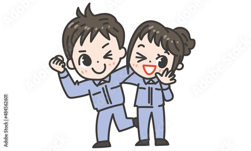 元気いっぱいの作業着の男女