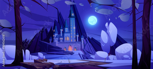 Road to magic castle at night, fairytale palace with turrets on mountain and rocky path under purple sky with full moon and stars. Fantasy fortress, medieval architecture, Cartoon vector illustration