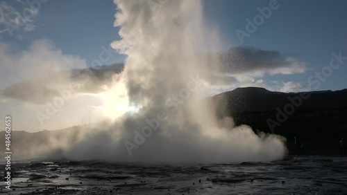 Iceland. Erupting geyser Strokkur. Strokkur is part of geothermal area. Rare double eruption of the famous Strokkur Geysir. 4K photo