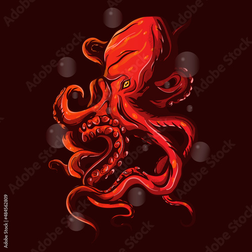 red kraken with bubbles vector illustration 