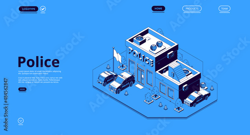 Police station isometric landing page with policeman department office building facade, patrol cars and waving flag. Precinct house city architecture, 3d Vector line art illustration, web banner