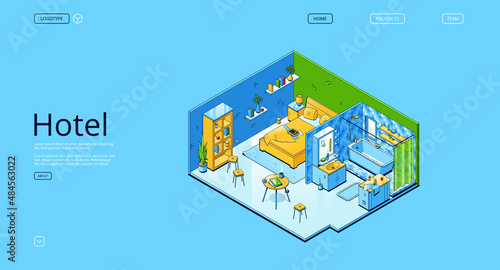 Hotel isometric landing page, accommodation interior with bedroom and bathroom. Modern apartment with furniture, king-size bed, shelves, chairs or table, tub and sink, 3d vector line art web banner