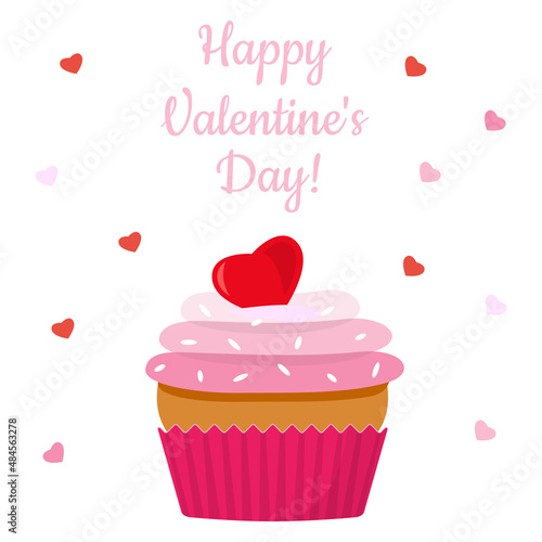 Cupcake with three layers of cream and decorated with a red icing heart with the inscription text Happy Valentines Day. White background and greeting card  poster  template. Vector illustration