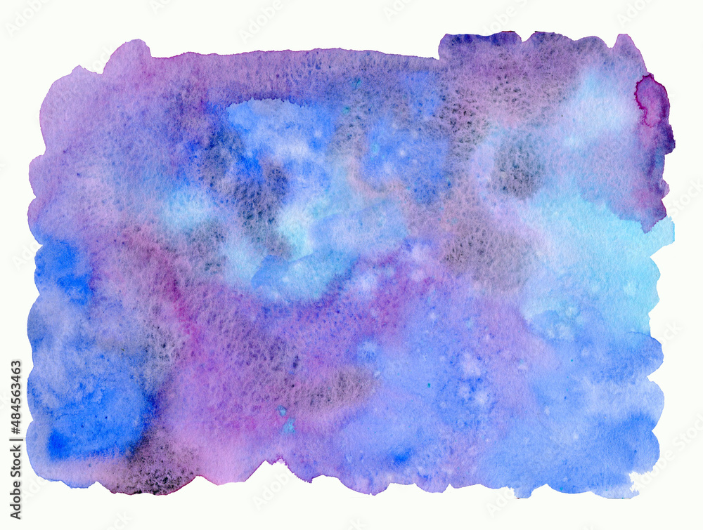 Watercolor background with blue and purple spots for your designs. Hand drawn. For postcards, cards, invitations, greetings, business cards, scrapbooking and more