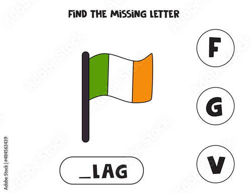 Find missing letter with Ireland flag. Spelling worksheet.