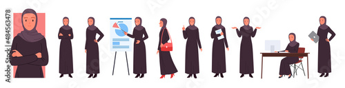Wide set of business arabian woman in diverse working poses. Muslim lady in executive management position, company manager and professional corporate expert cartoon vector illustration photo