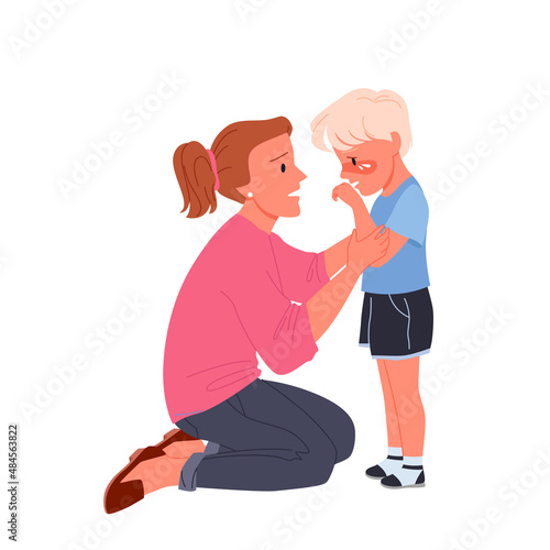 Scene of mother calming down her little upset crying boy. Mommy care and support sad child, kid comforting and help, showing parent cuddling empathy cartoon vector illustration