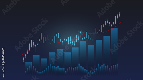 stock market and cryptocurrency trading chart concept. candlestick and bar graph with volume indicator show digital money or financial statistics and business earning management on blue background
