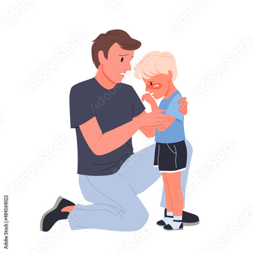 Alarmed father calming and consoling his little crying boy. Parent support and empathy, hugging and softly talking to child, parenting compassion cartoon vector illustration