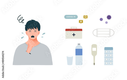 体調を崩した男性と感染症にまつわるイラストアイコンセット