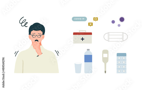 体調を崩した男性と感染症にまつわるイラストアイコンセット