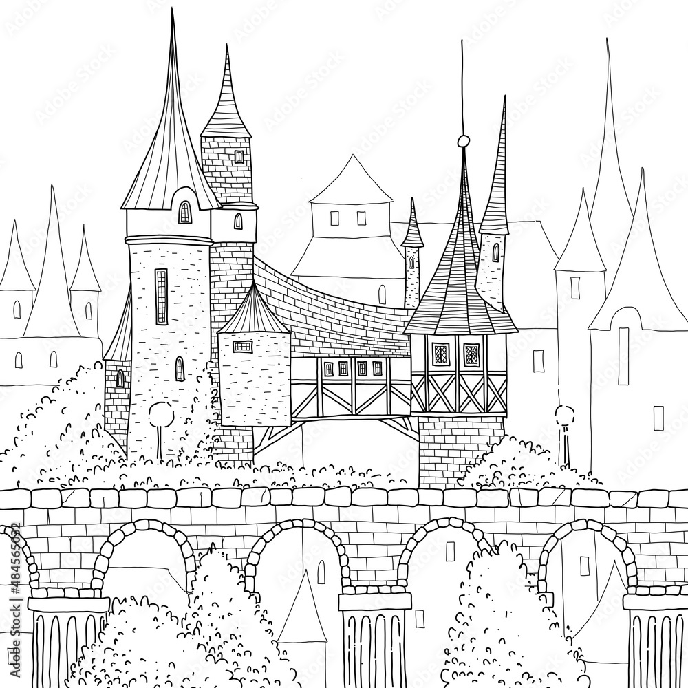 Medieval city with houses, castles  and trees. Hand drawn coloring page.