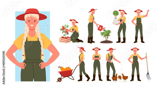 Set of smiling young farmer girl and working garden positions. Agricultural season harvesting, plants watering, growing foods and livestock rearing cartoon vector illustration