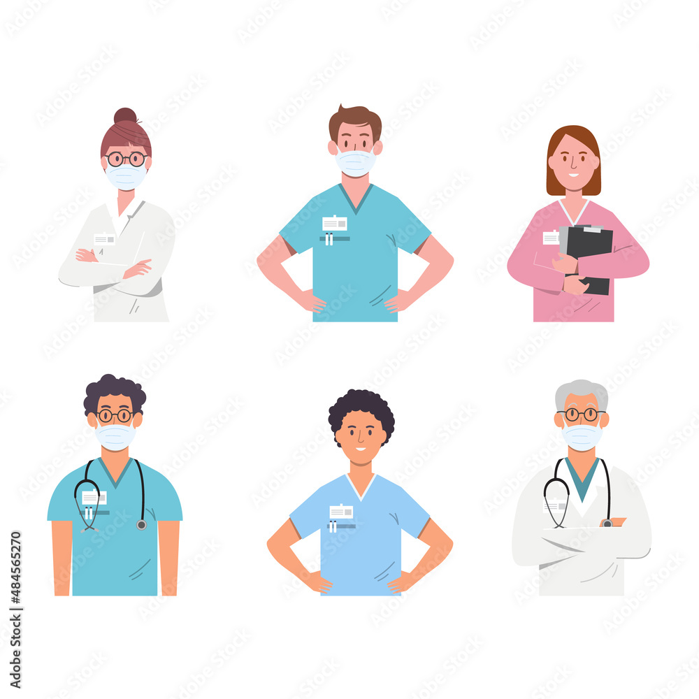 Set of doctor cartoon characters, hospital medical team concept in various poses