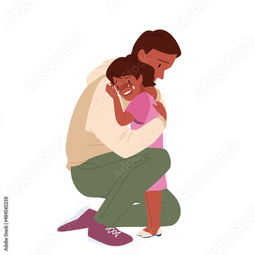 Sad father calming his daughter down and show compassion. Parenting responsibilities and comforting speech, daddy supporting with emotional affection cartoon vector illustration