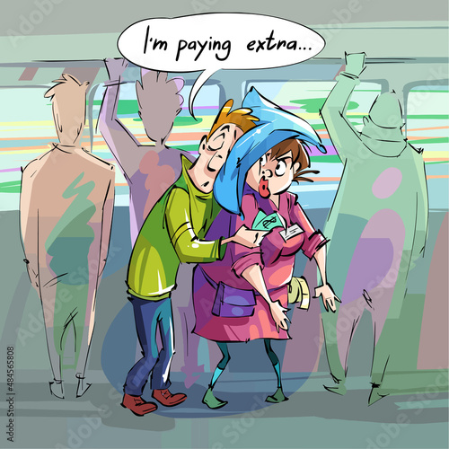 The young man fell asleep in the transport. The businessman put a pillow on the conductor and fell asleep. Cartoon Humorous illustration.