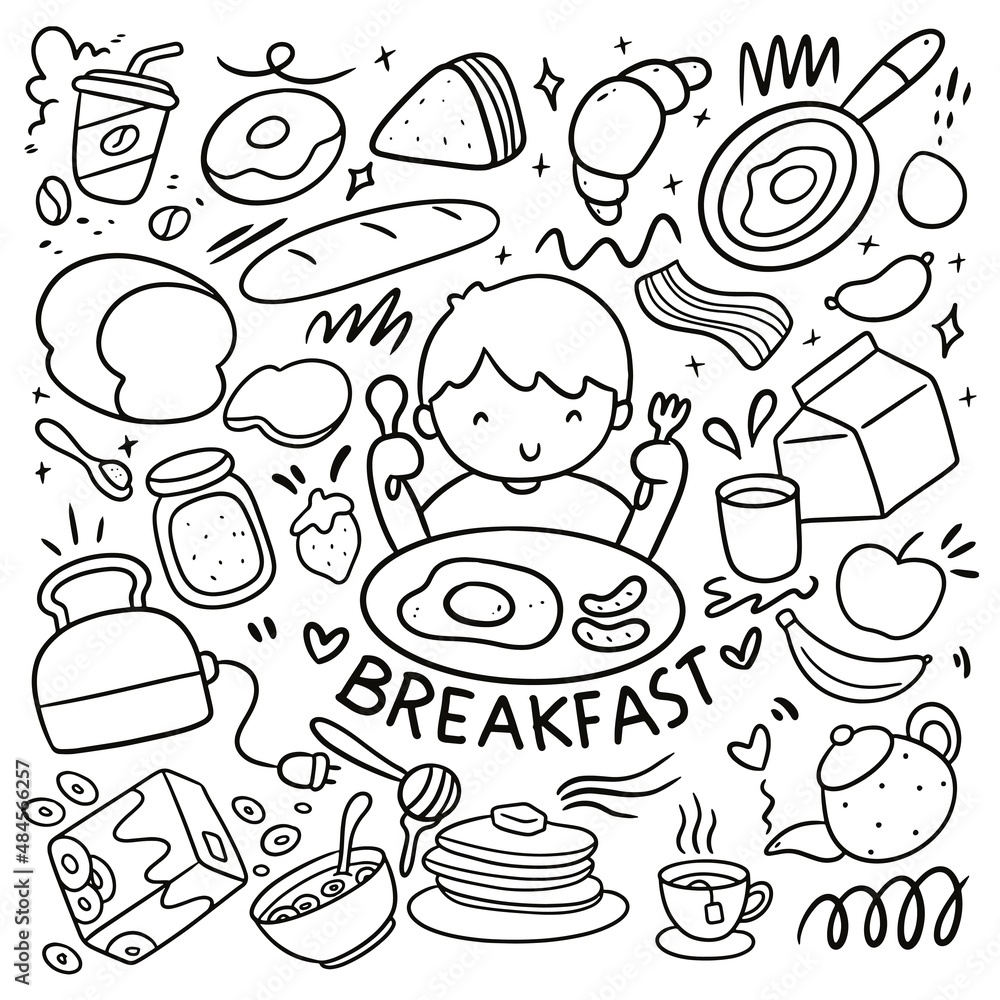 Fototapeta premium Set of Cute Breakfast Food Doodles Vector Clip Art