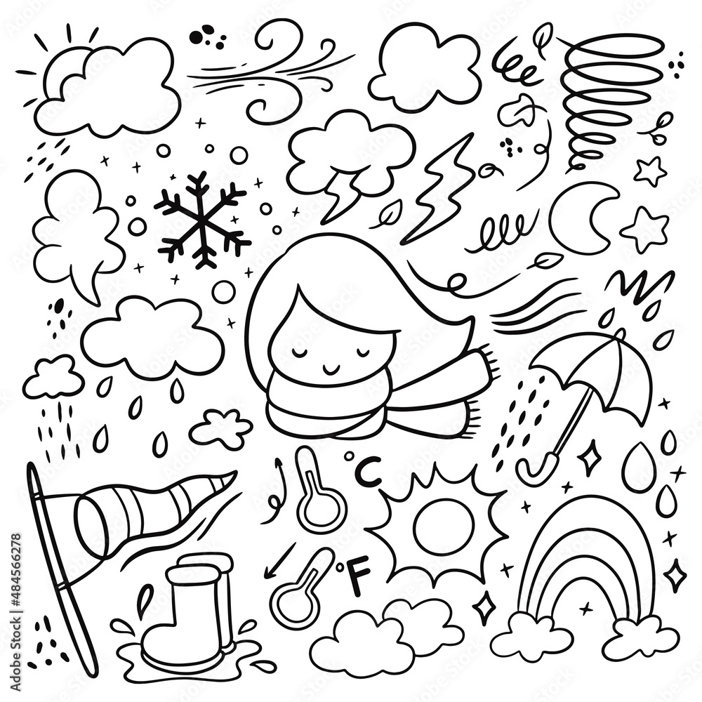 Set of weather doodles vector illustration