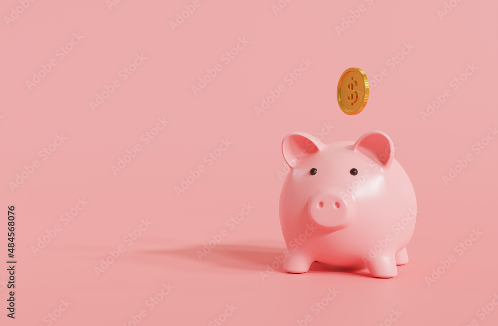 Piggy bank and golden stack coins of growing graph on pink background with saving money concept. Financial planning for the future. 3D rendering.