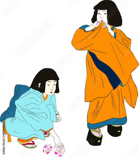 Photography Japan culture, japanese girls in geisha kimono dress isolated vector illustration