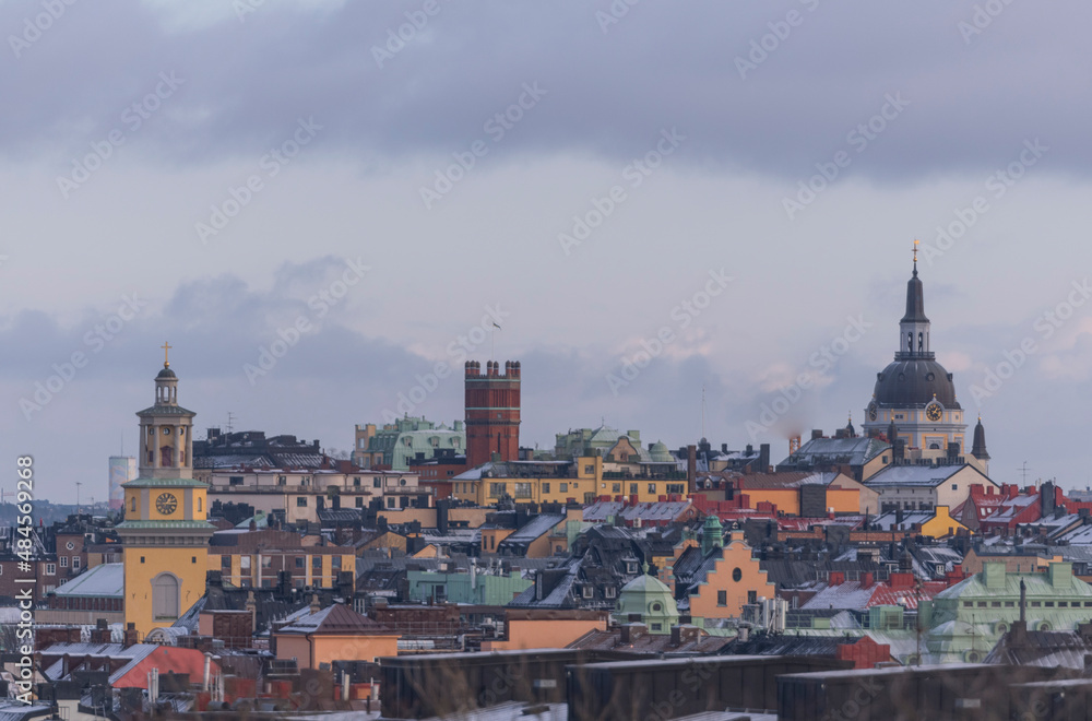 Panorama view over parts of the old houses, towers and buildings in the district Södermalm a cold sunny winter day in Stockholm