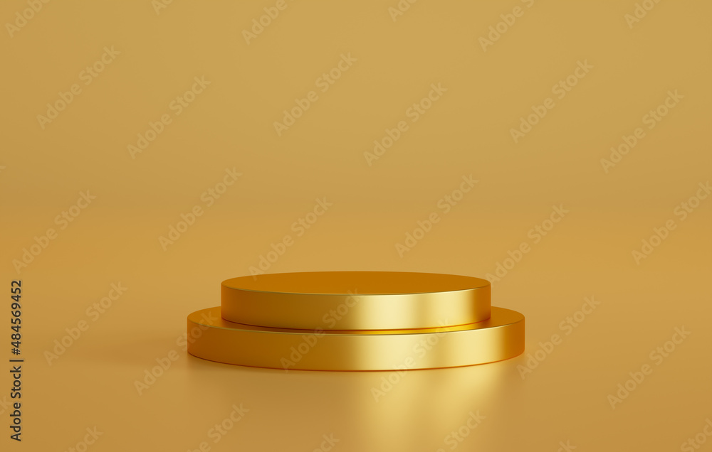 Gold cylinder podium in gold background, Scene to show cosmetic product presentation. 3D rendering. Gold cylinder podium in gold background, Scene to show cosmetic product presentation. 3D rendering.