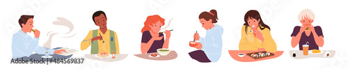 Cartoon collection of happy young man and woman sitting with spoon or fork in hand and eating isolated on white. Hungry people eat food at table for breakfast, lunch or dinner vector illustration
