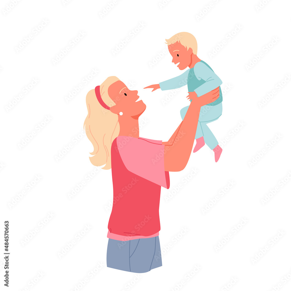 Happy young mother holding her little baby up. Motherhood joyment and maternity pleasure time, mom careful playing together and beautiful childhood cartoon vector illustration Happy young mother holding her little baby up. Motherhood joyment and maternity pleasure time, mom careful playing together and beautiful childhood cartoon vector illustration