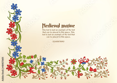 Floral vintage Medieval illuminati manuscript inspiration. Romanesque style. Template for greeting card, banner, gift voucher, label. Vector illustration.