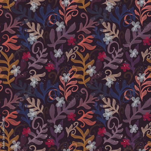 Seamless pattern with floral elements on dark background. Bright pattern for wallpaper, fabric, packaging, cards.