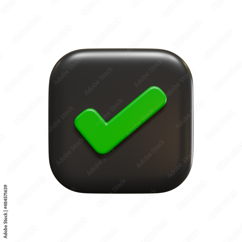 Like or correct symbol icon isolated white background, checkmark button and mobile app icon, 3D rendering. Like or correct symbol icon isolated white background, checkmark button and mobile app icon, 3D rendering.