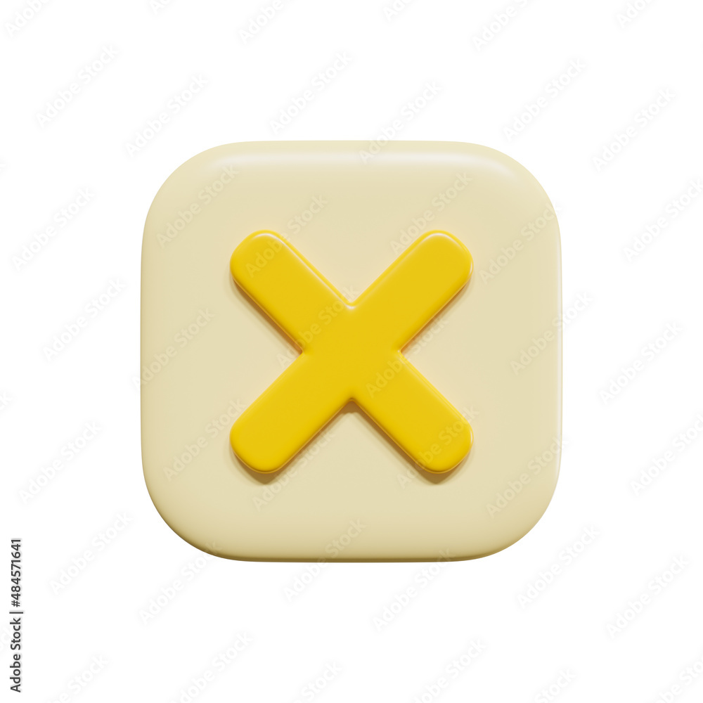 Obraz premium Yellow cross mark symbol icon isolated white background, checkmark button and mobile app icon, 3D rendering.