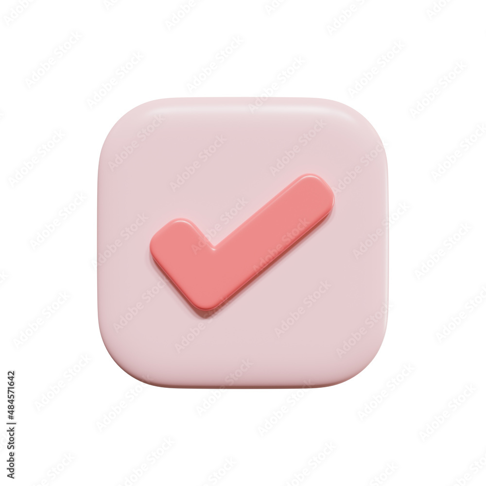 Pink like or correct symbol icon isolated white background, checkmark button and mobile app icon, 3D rendering. Pink like or correct symbol icon isolated white background, checkmark button and mobile app icon, 3D rendering.