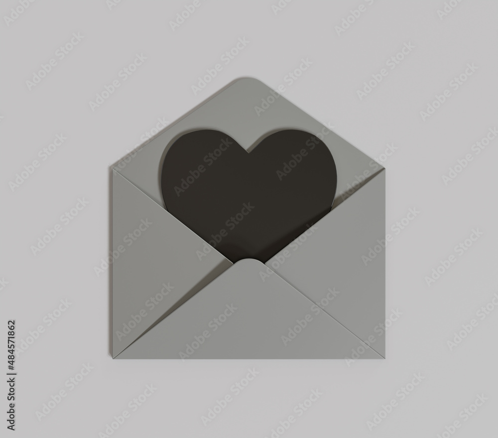 Black heart card in gray envelope on gray background, 3D rendering