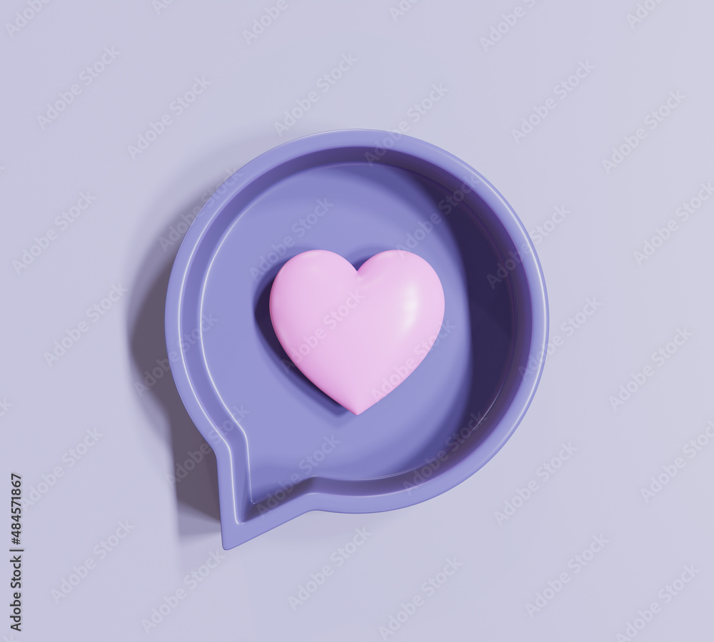 Pink heart social media notification icon on vary peri color background, 3D rendering