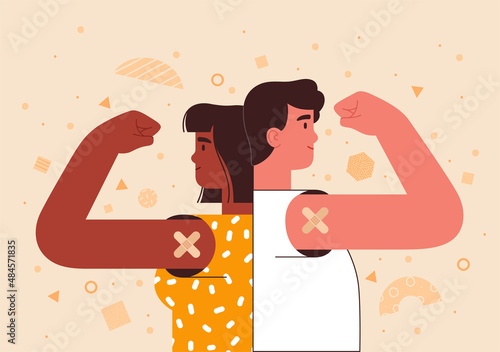 White man and an African American woman, back to back, proudly raise their hands to demonstrate the vaccination. Vaccination call concept, motivational coronavirus protection poster