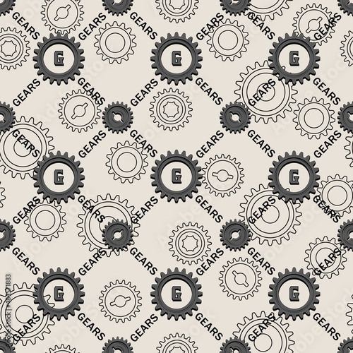Seamless staggered geometric pattern with diagonal grid with grey gears and text. Linear gears behind on a white background. Steampunk style.