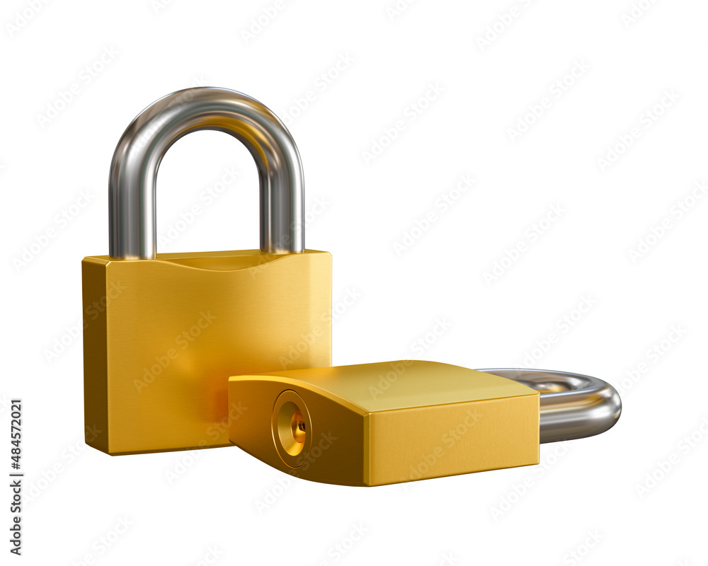 Locked brass padlock isolated on white background 3D rendering. Locked brass padlock isolated on white background 3D rendering.